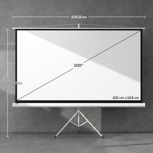 Ecrã de Projeção com Suporte Portátil 100 Polegadas Formato 16:9 Altura Ajustável 221x124 cm Branco