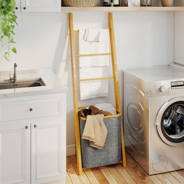 Estante para Casa de Banho de Bambu com 3 Barras e Cesto para Roupa Suja Removível de 48 L 43x35x133 cm Cinzento