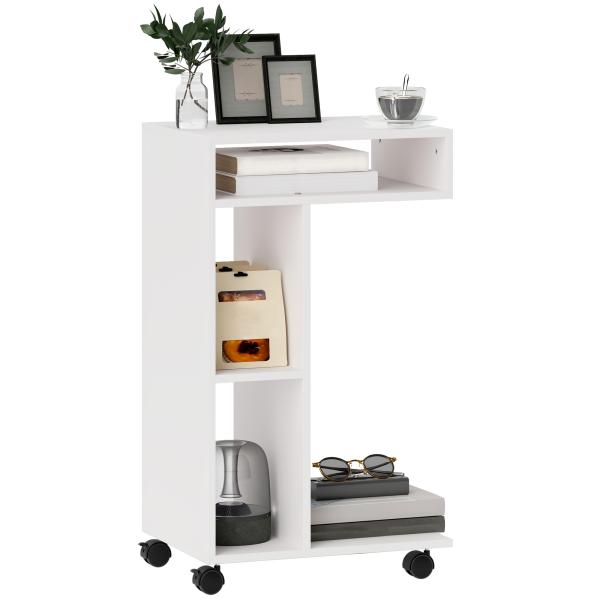 Mesa Auxiliar em Forma de C Mesa Auxiliar para Sofá com Rodas Compartimentos Abertos 40x30x69 cm Branco