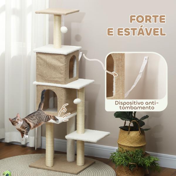 Arranhador para Gatos em Borrego com 2 Cavernas Plataformas Bolas Suspensas e Poste de Sisal 48x40x140 cm Marrom Claro