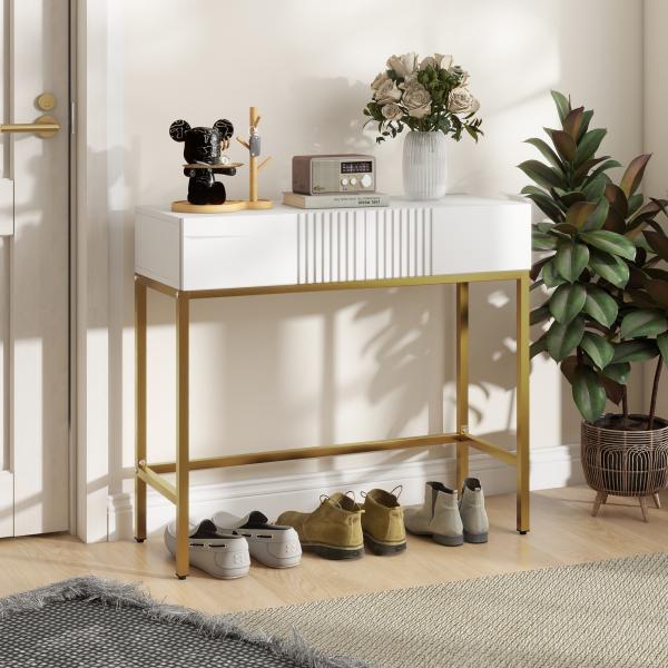 Mesa Consola Moderna Mesa de Entrada com 2 Gavetas e Pés de Aço Anti - tombo para Entrada Sala Corredor 80x31,5x75 cm Branco
