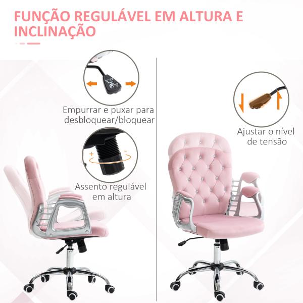 Cadeira de Escritório Estofada em Veludo Cadeira Giratória com Altura Ajustável e Decorações de Cristal 59,5x60,5x103 cm Rosa