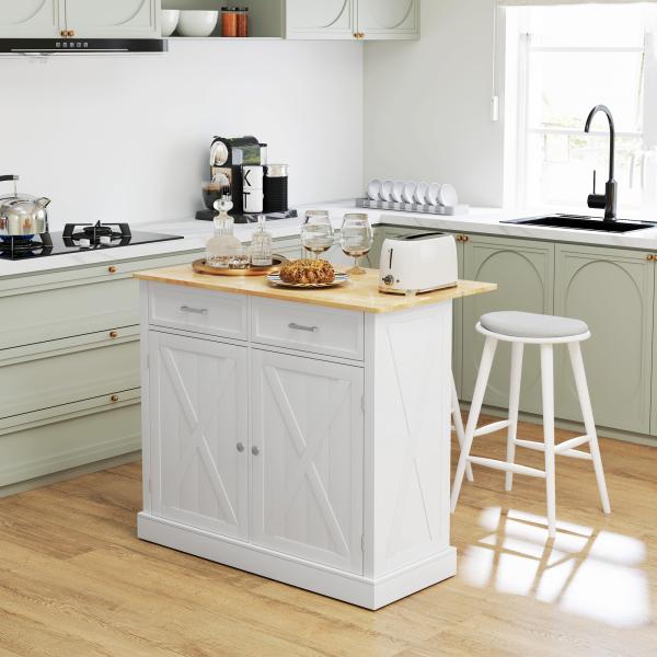 Ilha de Cozinha com Bancada de Madeira Dobrável 2 Portas 2 Gavetas Prateleira Ajustável e 4 Rodas 10x60x90,5 cm Branco e Madeira