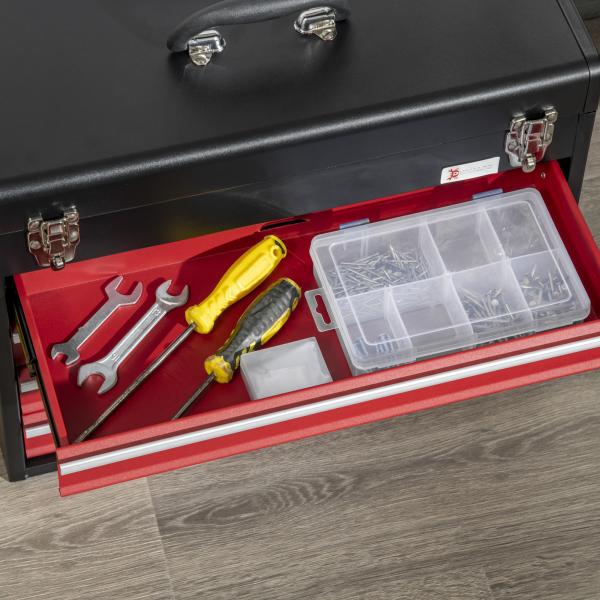 Caixa de Ferramentas de Aço com 4 Gavetas Fechaduras Metálicas Mala de Ferramentas Portátil 51x22x39,5 Preto e Vermelho