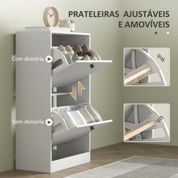 Sapateira Estreita Móvel Sapateira com 2 Gavetas Abatíveis e Prateleiras Ajustáveis para 8 Pares de Sapatos 47x26x85 cm Branco