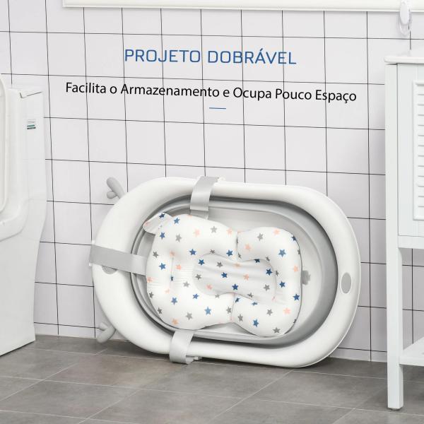 Banheira para Bebé Recém Nascido até 3 Anos Dobrável 30 Litros com Tampa Termossensível e Almofada Confortável Almofadas Antiderrapantes 81,5x50,5x23,5cm Cinza e Branco