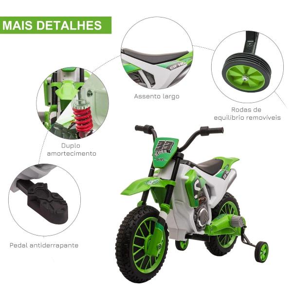 Mota Elétrica para Crianças acima de 3 Anos 12V Mota de Brinquedo Infantil com 2 Rodas de Equilíbrio Velocidade Máx. 8km/h Arranque Suave 106,5x51,5x68cm Verde