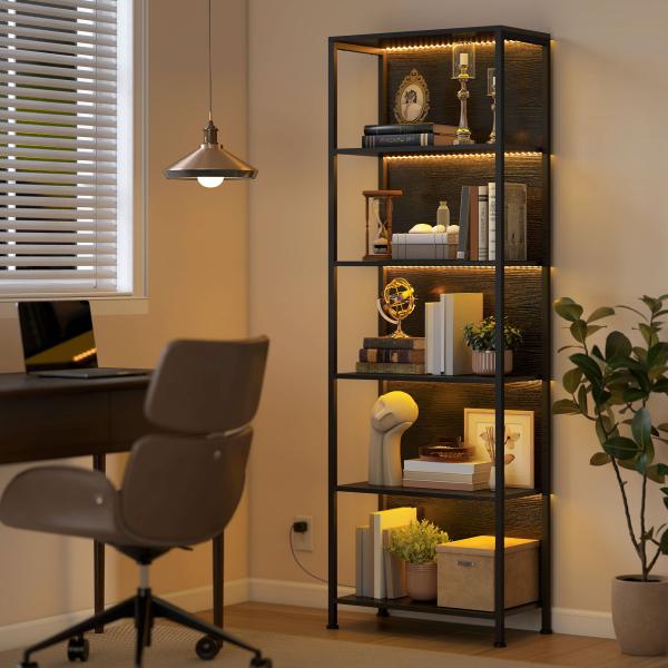 Estante de 5 Níveis com Luzes LED de 7 Cores Estante para Livros Estante de Estilo Industrial 60x30x179 cm Preto