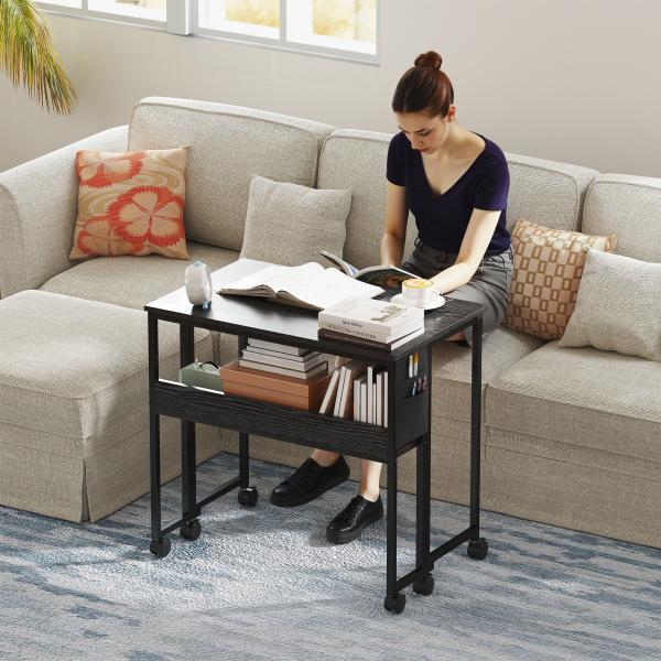 Secretária Dobrável com Rodas Prateleira e Bolso de Armazenamento Ideal para Espaços Pequenos 80x50x75 cm Preto