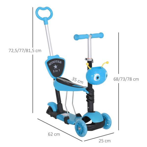 Trotinete 5 em 1 para Crianças com 3 Rodas Assento Removível e Guiador Ajustável Carga Máxima 50 kg 62x25x72,5 cm Azul