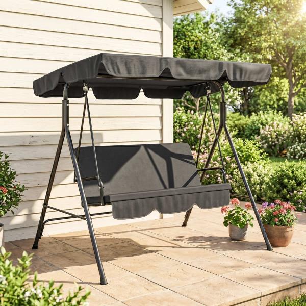 Baloiço de Jardim de 3 Lugares com Almofada Toldo Ajustável e Estrutura de Aço para Balcão Terraço 172x110x153 cm Preto