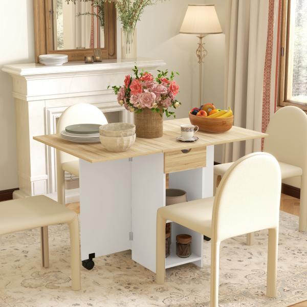 Mesa de Cozinha Dobrável com Rodas Laterais Rebatíveis Gaveta e Prateleiras para 2 - 4 Pessoas 120x72x75 cm Madeira Branco