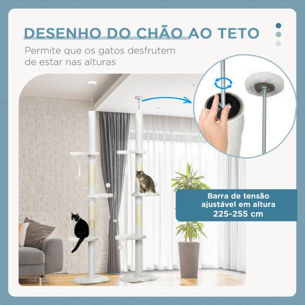 Arranhador para Gatos do Chão ao Teto com Altura Ajustável e 3 Plataformas em Forma de Nuvem 48x32x225 - 255 cm Branco