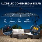 Chapéu de Sol Excêntrico com Luzes LED Solares Ø345 cm Base Cruzada Manivela Capa Protetora Azul