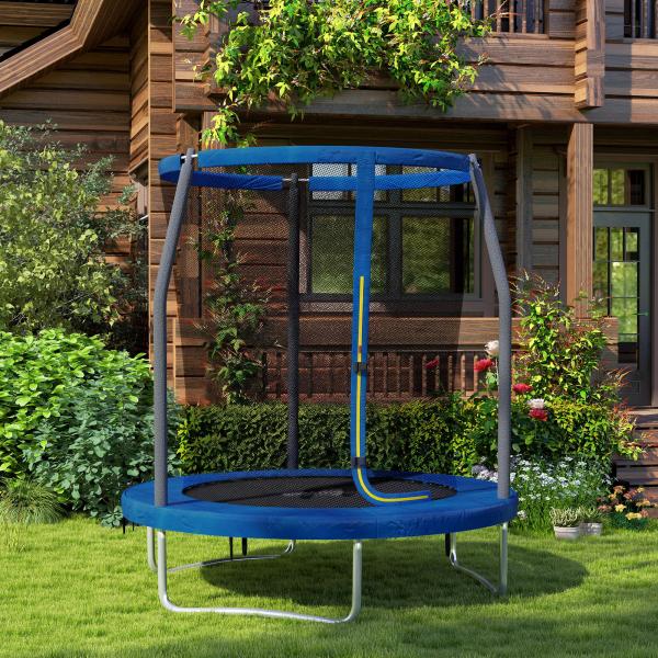 Trampolim Infantil Ø183 cm, para Crianças com Rede de Segurança Barras Acolchoadas Capa de Segurança e Estrutura de Aço Azul