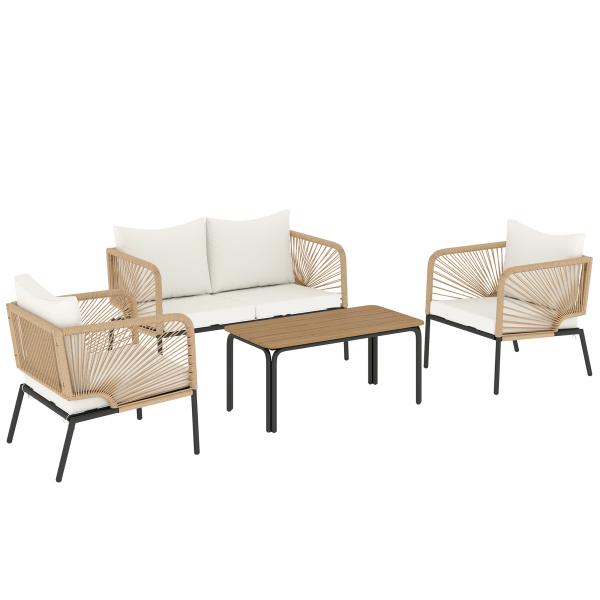 Conjunto Jardim de 4 Peças Móveis de Exterior com Sofá de 2 Lugares 2 Poltronas e Mesa de WPC Branco e Castanho