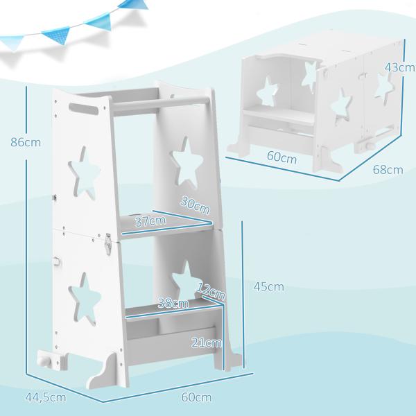 Torre de Aprendizagem 2 em 1 Torre de Aprendizagem para Crianças Convertível em Mesa e Cadeira 60x44,5x86 cm Branco