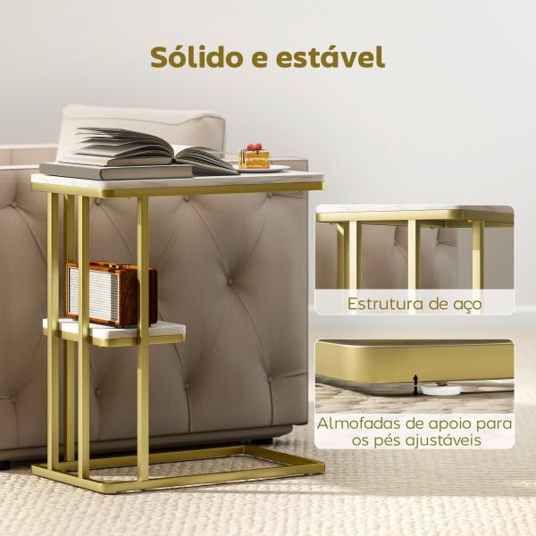 Mesa Auxiliar Estrutura em C Mesa Auxiliar Estreita de 2 Níveis com Prateleira 50x30x57,5 cm Branco Efeito Mármore