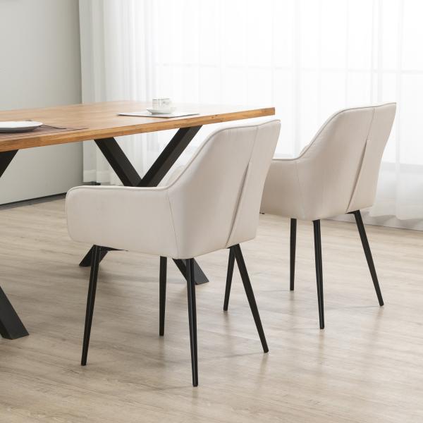 Conjunto de 2 Cadeiras de Sala de Jantar Estofadas em Linho com Encosto e Pés de Metal 59,5x56,5x81 cm Bege Claro