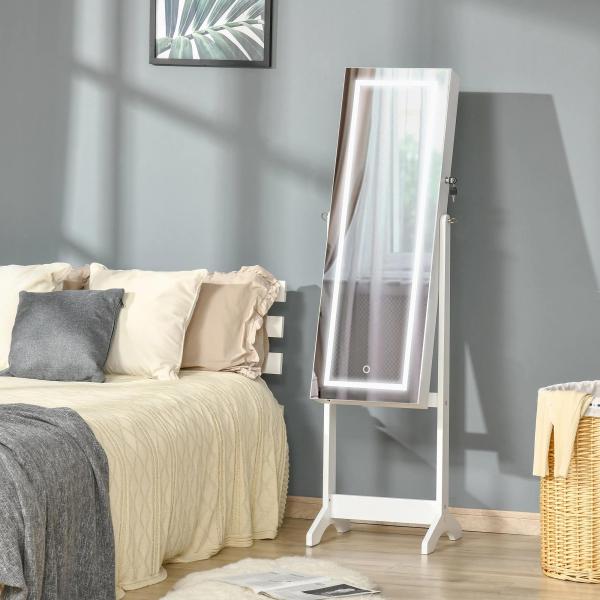 Joalheiro de Pé Armário para Jóias com Fita de Luz LED e Fechadura Magnética Organizador de Jóias com Prateleiras Ranhuras para Anéis Brincos 46x36,5x151,5cm Branco