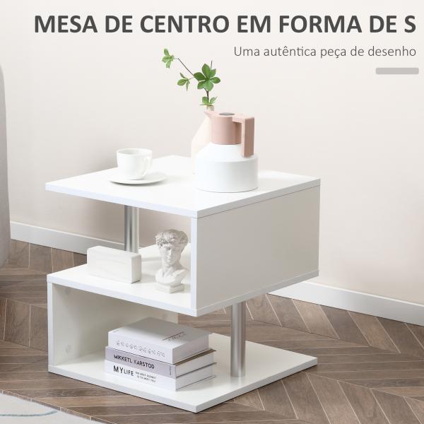 Mesa de Apoio com Forma de S Compartimentos Abertos 2 Níveis Desenho Elegante 50x50x50cm Branco