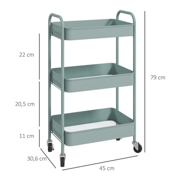 Carrinho Auxiliar de 3 Níveis com Rodas Carrinho de Armazenamento Deslizante para Cozinha Sala 45x30.6x79 cm Azul Claro