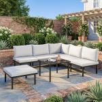 Conjunto de Jardim Exterior de 6 Peças com Sofá de 2 Lugares, Módulo de Canto, 2 Assentos, Apoio para Pés e Mesa de Vidro, Cinzento Claro