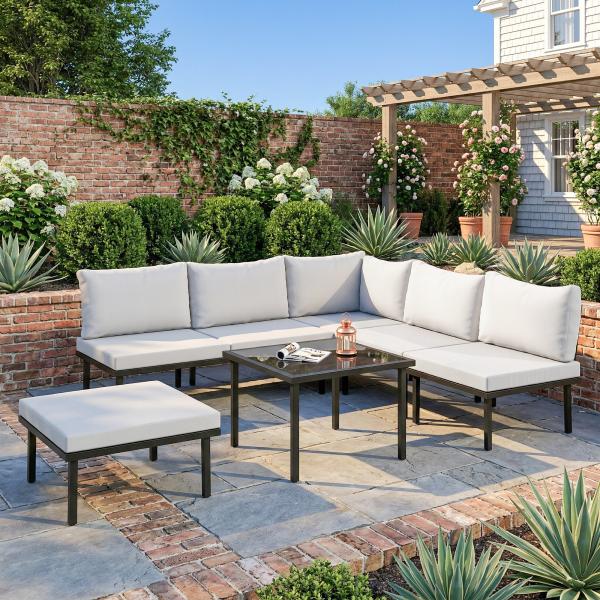 Conjunto de Jardim Exterior de 6 Peças com Sofá de 2 Lugares, Módulo de Canto, 2 Assentos, Apoio para Pés e Mesa de Vidro, Cinzento Claro