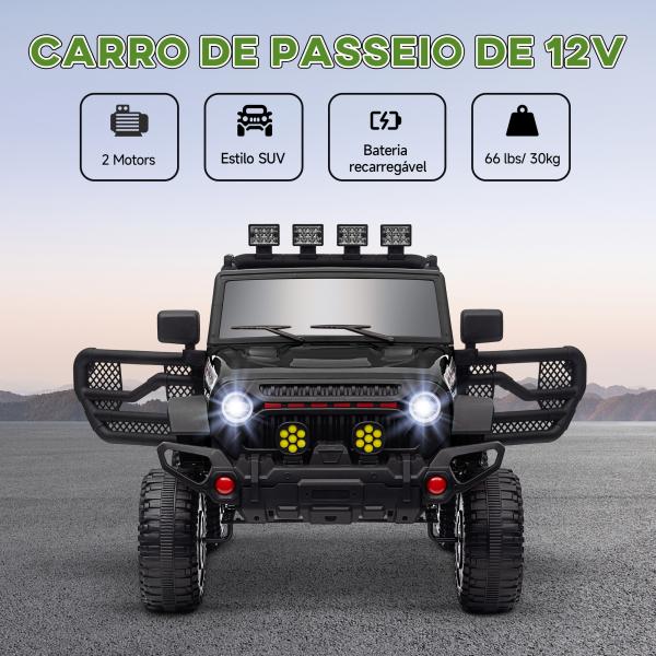 Carro Elétrico para Crianças com Bateria de 12V Controlo Remoto Faróis LED Buzina e Música 100x63x65 cm Preto