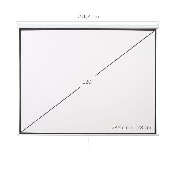 Tela de Projeção Manual 120 Polegadas Ecrã de Projeção Formato 4:3/16:9 para Interior e Exterior Cinema em Casa Escritório Pátio Branco