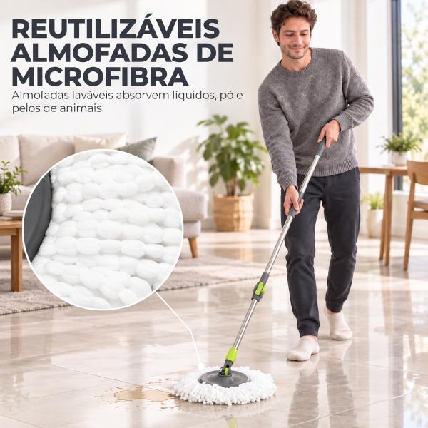 Conjunto de Esfregona e Balde com Espremedor 2 Compartimentos Balde de 20 L 5 Mopas de Microfibra Uso a Seco e Húmido Cinza Escuro