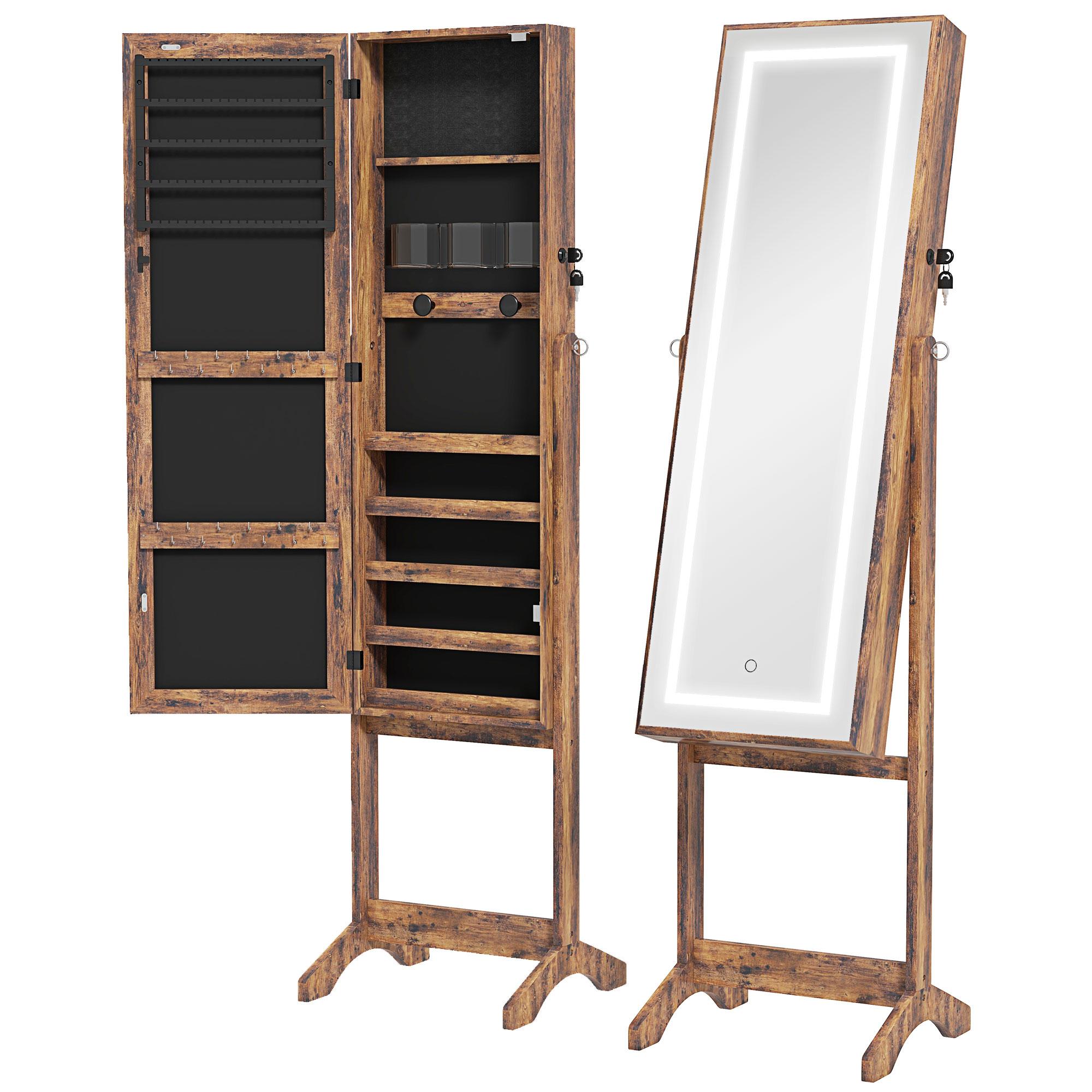Joalheiro de Pé Armário para Jóias com Fita de Luz LED e Fechadura Magnética 46x36,5x151,5 cm Madeira