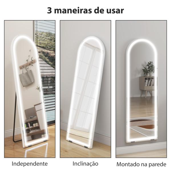 Espelho de Corpo Inteiro com Luzes 150x50 cm Arqueado Sem Moldura 3 Tons de Luz Brilho Ajustável Transparente