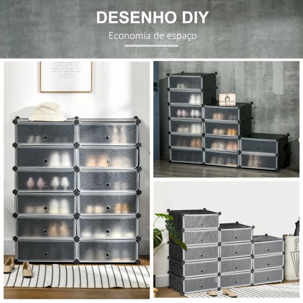 Sapateira Modular de Cubos de Plástico Armário Modular para Sapatos com 12 Cubos com Porta Desenho de DIY 94x37x108 cm Preto