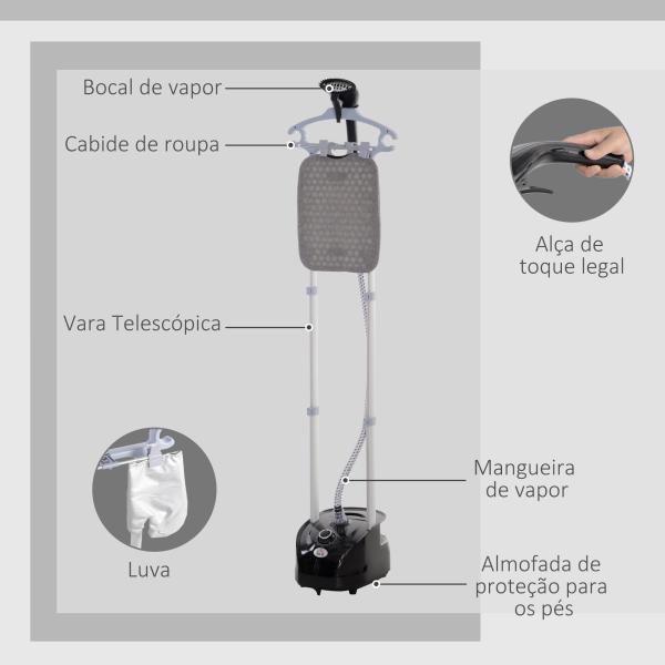 Ferro de Engomar a Vapor 1800W Temperatura Ajustável 11 Níveis Depósito de 2 L Aquecimento em 38s 35x25x47 - 118,5 cm Preto