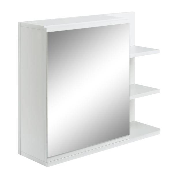 Armário Casa de Banho com Espelho Montado na Parede com 3 Prateleiras Abertas e 1 Porta com Prateleira Interior Estilo Moderno 60x18x50cm Branco