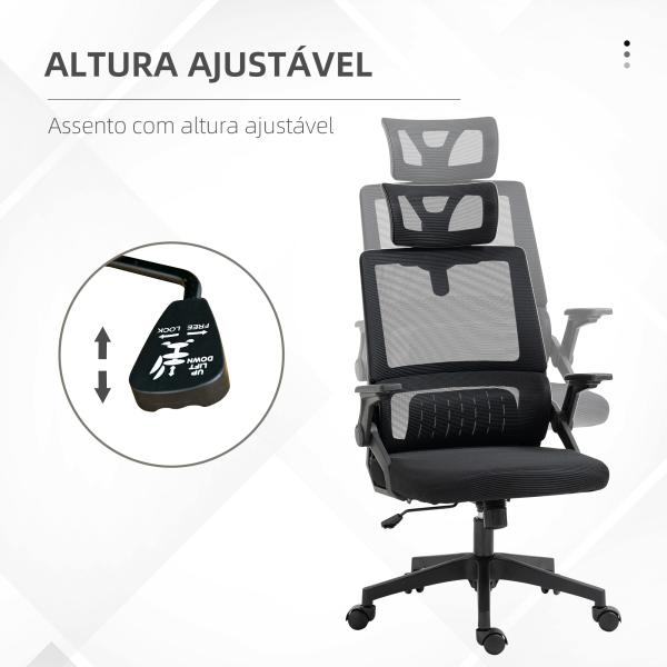 Cadeira de Escritório de Malha Confortável Giratória com Altura e Apoio para a Cabeça Ajustáveis Apoio Lombar Preto 60x61x104,5 - 121,5 cm