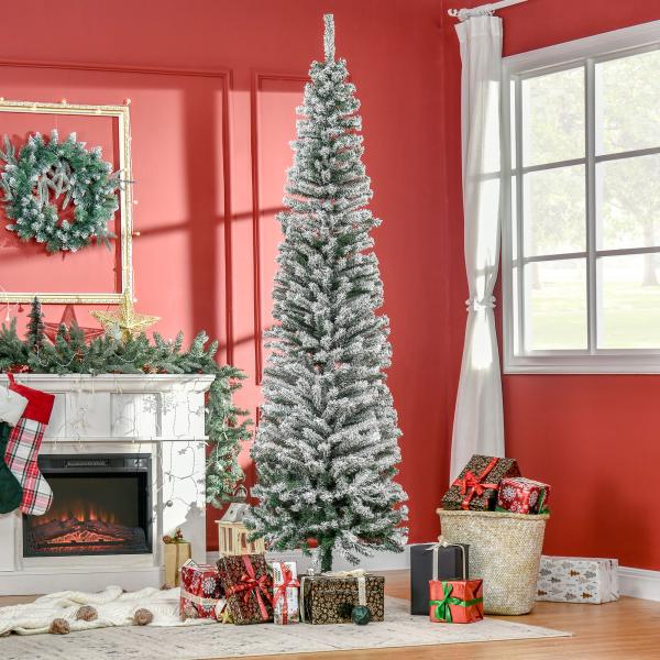 Árvore de Natal 225 cm Árvore de Natal Artificial Nevado com 738 Ramos e Suporte de Metal Verde e Branco