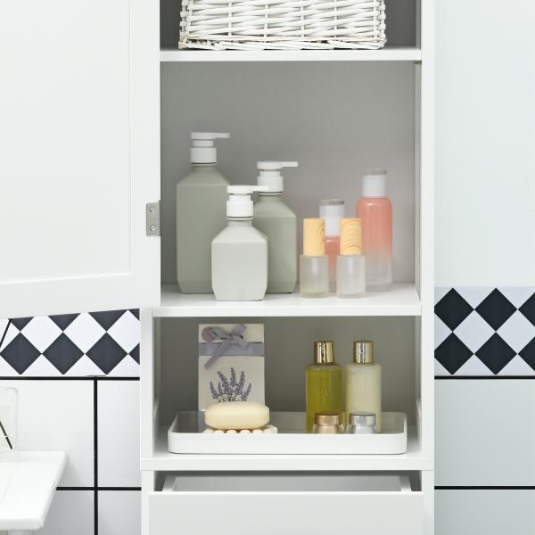 Coluna de Casa de Banho com 2 Portas 1 Gaveta Prateleira Aberta e Prateleiras Ajustáveis 40x30x164 cm Branco