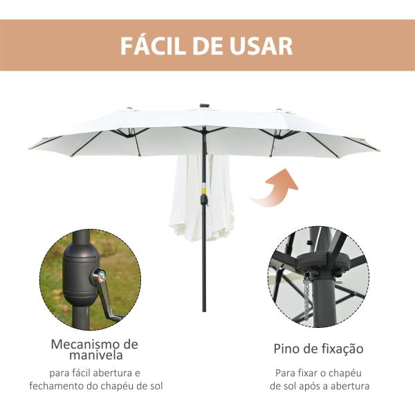 Chapéu de Sol Duplo com 48 Luzes LED 4,5x2,65 m Manivela Proteção Solar para Terraço Jardim Piscina Creme