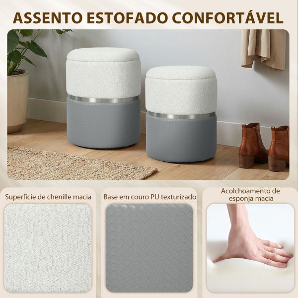 Conjunto de 2 Puffs de Arrumação Estofados em Chenille e PU Assento Acolchoado para Entrada Quarto Cinzento e Creme