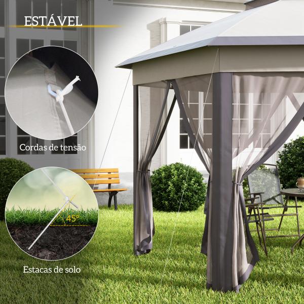Tenda Dobrável 4x3,4 m Hexagonal com Duplo Teto 6 Mosquiteiras Destacáveis e Saco de Transporte Castanho e Bege