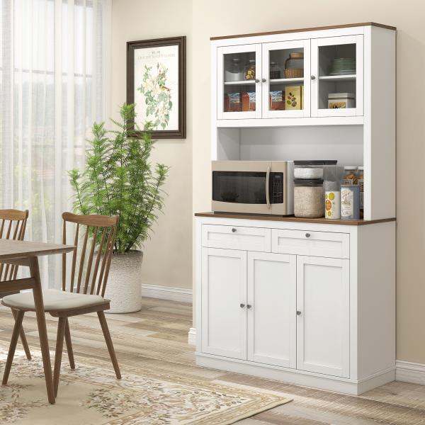 Armário de Cozinha com 3 Portas de Vidro Compartimento Aberto 2 Gavetas e Prateleiras Ajustáveis 100x40x180 cm Branco