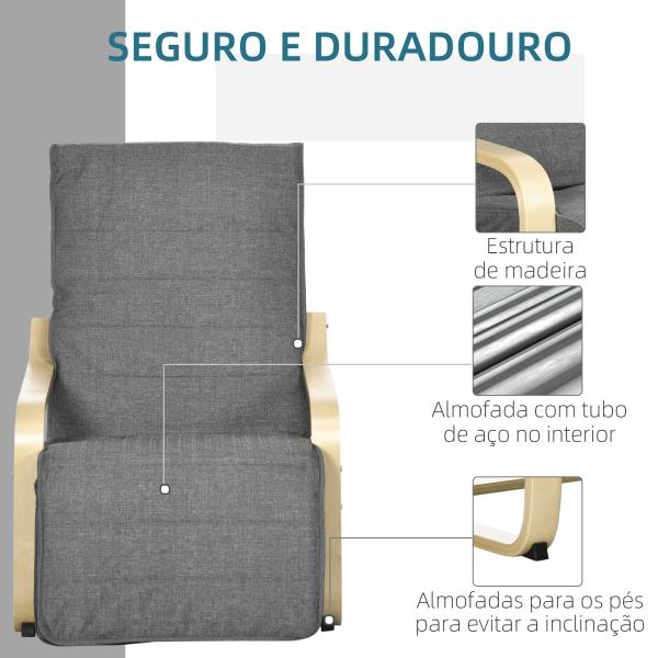 Poltrona Relax com Apoio para os Pés Ajustável Estofada em Tecido com Estrutura de Madeira 66,5x94x100 cm Cinza