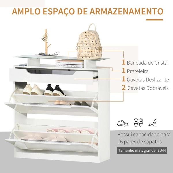 Sapateira Entrada Estreito Móvel para 16 pares de Sapatos com 2 Portas Gaveta Prateleira Aberta e Bancada de Vidro 89x23x96 cm Branco