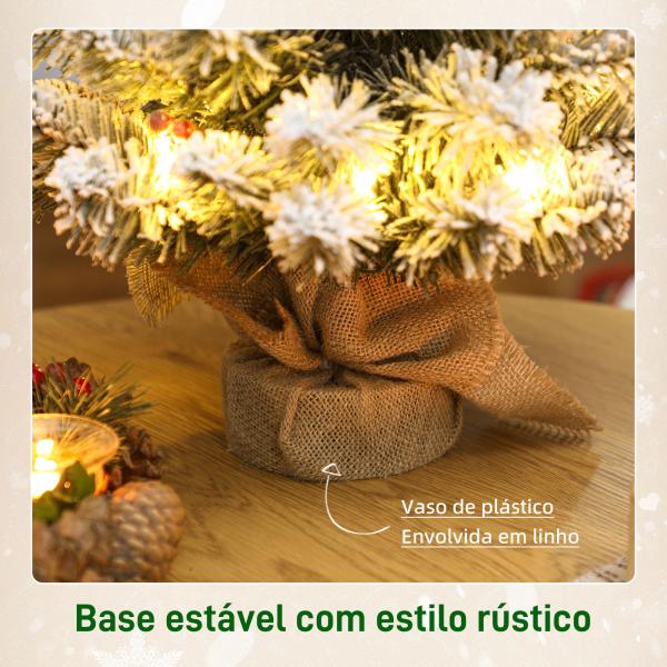 Mini Árvore de Natal Artificial com 35 Luzes LED 60 cm com 72 Ramos com Neve Pinhas Bagas e Base de Saco de Juta Ø37x60 cm Verde