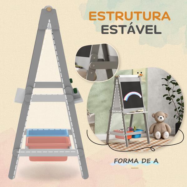 Cavalete para Crianças 3 em 1 Ardósia Dupla com Rolo de Papel Apagador e Caixas de Arrumação 51x50x108 cm Cinza