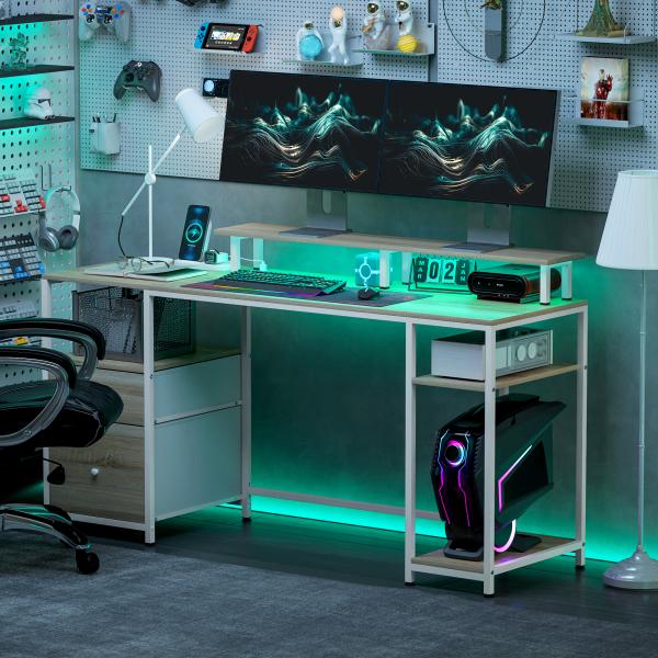 Mesa para Computador com Luzes LED Prateleiras Gavetas Plug Entrada USB e Suporte para Monitor 155,5x48x75,5 cm Madeira
