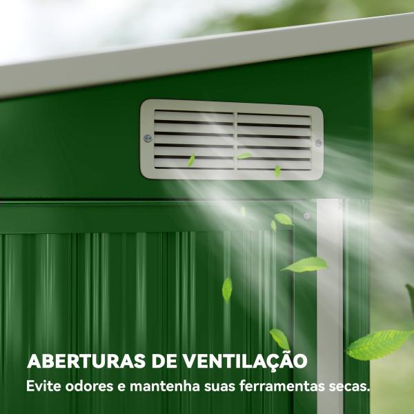 Abrigo de Jardim Exterior 2,7 m² 234x132x185 cm com Três Portas Fechadura e Grelhas de Ventilação Verde