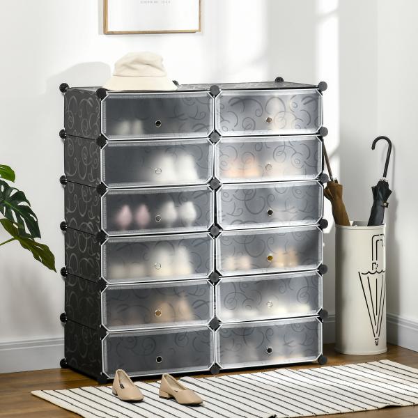Sapateira Modular de Cubos de Plástico Armário Modular para Sapatos com 12 Cubos com Porta Desenho de DIY 94x37x108 cm Preto